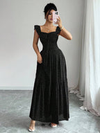 Selianne French Elegant Casual Vacation Square Neck Lotus Leaf Flying Sleeves Polka Dot Print Texture Plaid Woven Chiffon Material Back Tie Pleated Large Skirt Spring And Summer Red Women Dress Summer Summer Women Skirt Long Skirt Vacation Dress Women Polka Dot Dress Elegant Women Dress Women Summer Dress Red Dress Flowing Skirt Summer Dress