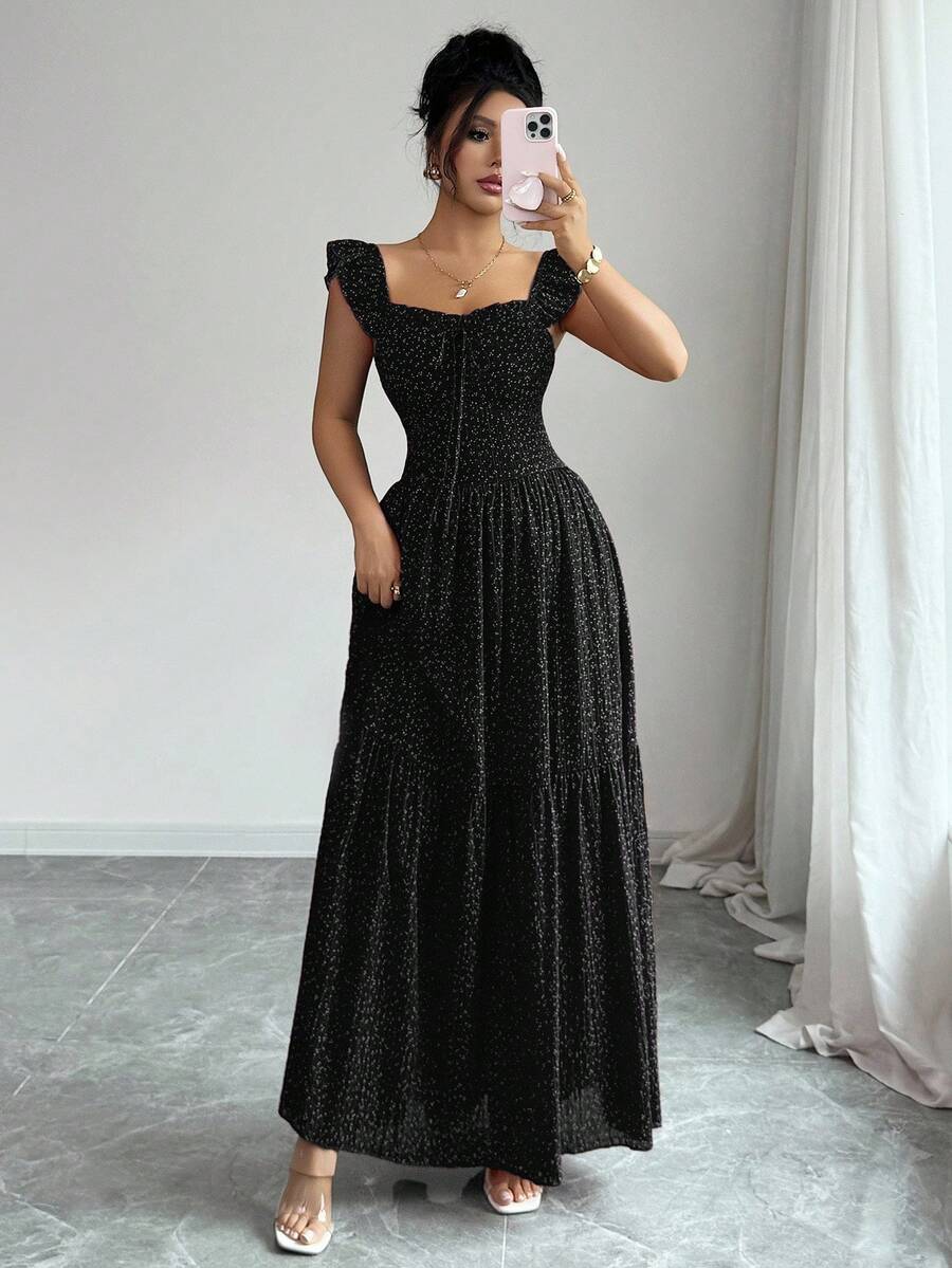 Selianne French Elegant Casual Vacation Square Neck Lotus Leaf Flying Sleeves Polka Dot Print Texture Plaid Woven Chiffon Material Back Tie Pleated Large Skirt Spring And Summer Red Women Dress Summer Summer Women Skirt Long Skirt Vacation Dress Women Polka Dot Dress Elegant Women Dress Women Summer Dress Red Dress Flowing Skirt Summer Dress
