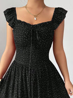 Selianne French Elegant Casual Vacation Square Neck Lotus Leaf Flying Sleeves Polka Dot Print Texture Plaid Woven Chiffon Material Back Tie Pleated Large Skirt Spring And Summer Red Women Dress Summer Summer Women Skirt Long Skirt Vacation Dress Women Polka Dot Dress Elegant Women Dress Women Summer Dress Red Dress Flowing Skirt Summer Dress