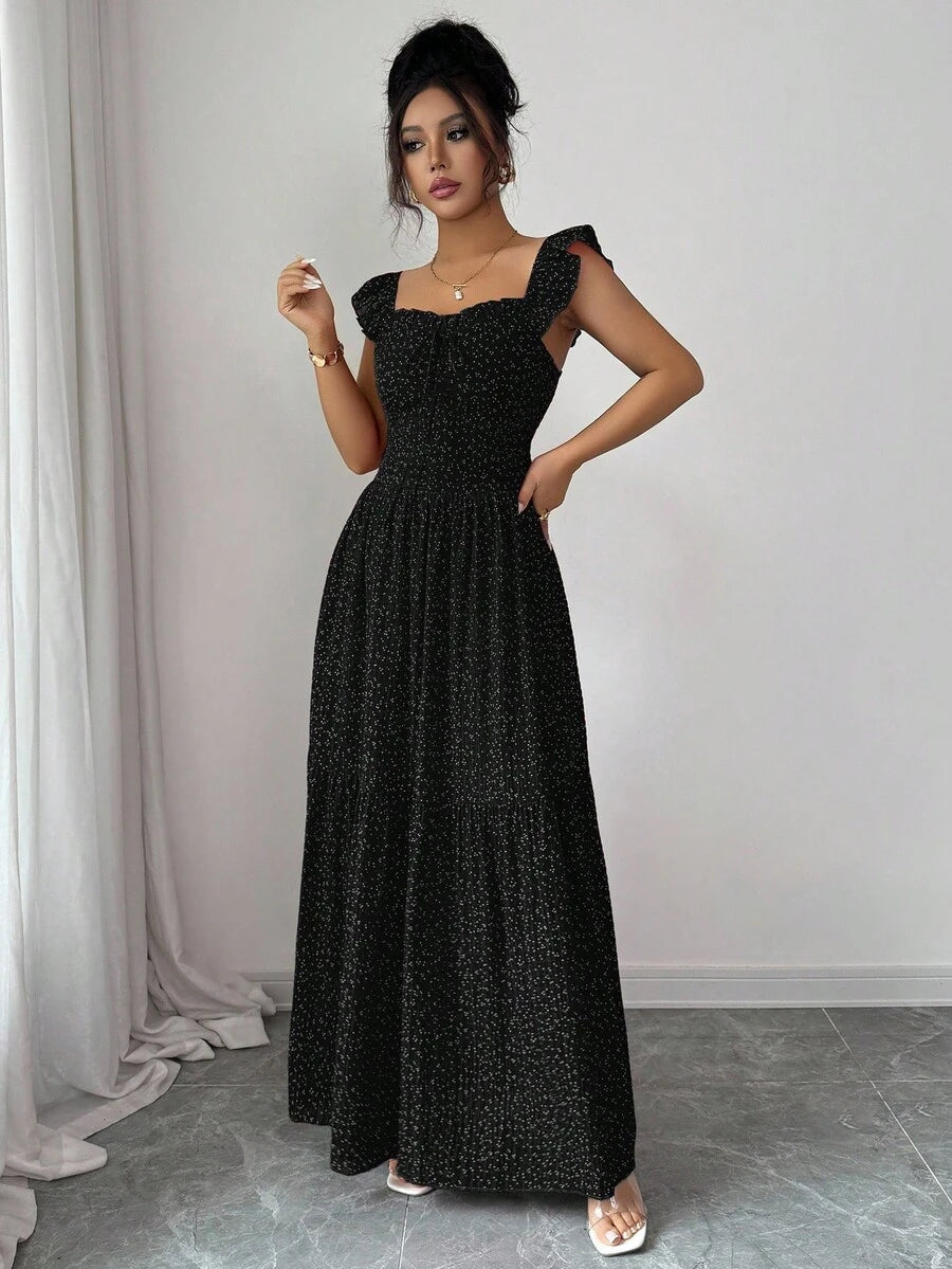 Selianne French Elegant Casual Vacation Square Neck Lotus Leaf Flying Sleeves Polka Dot Print Texture Plaid Woven Chiffon Material Back Tie Pleated Large Skirt Spring And Summer Red Women Dress Summer Summer Women Skirt Long Skirt Vacation Dress Women Polka Dot Dress Elegant Women Dress Women Summer Dress Red Dress Flowing Skirt Summer Dress