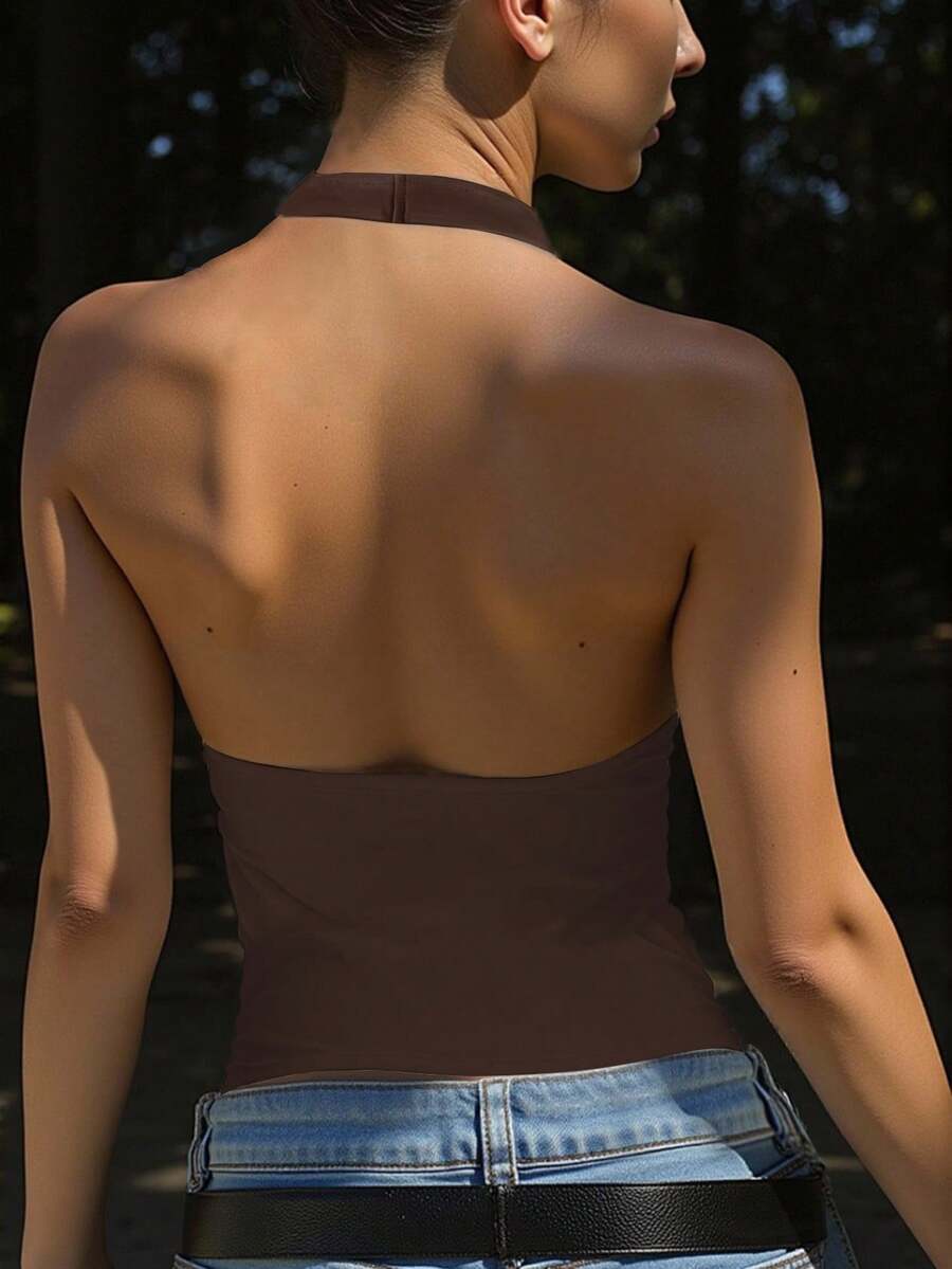 INAWLY Women's Solid Color Minimalist Halter Neck Camisole, Everyday Wear