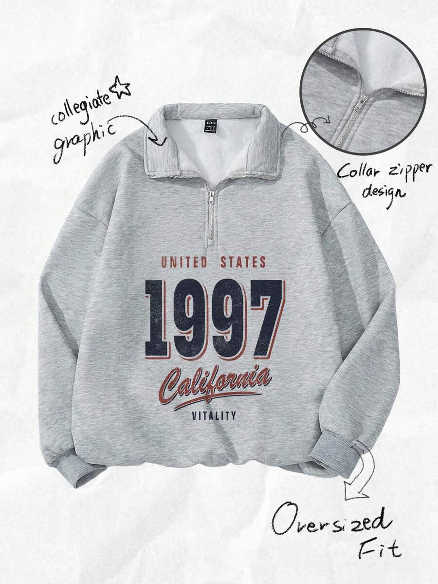 Attitoon Women's Loose Half-Zip High Neck Fleece Sweatshirt, Suitable For Autumn/Winter, Vintage, American Casual Style, 1997 Print,Fall,Chic,Grey,