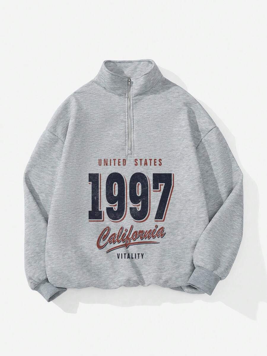 Attitoon Women's Loose Half-Zip High Neck Fleece Sweatshirt, Suitable For Autumn/Winter, Vintage, American Casual Style, 1997 Print,Fall,Chic,Grey,