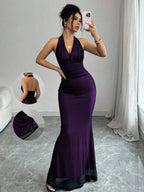 Rafferiza Elegant Bodycon Fishtail Hem V-Neck Waist Pleated Knit Mesh With Rose Red Lining Long Dress For Women, Autumn/Winter Fall Cloth For Women