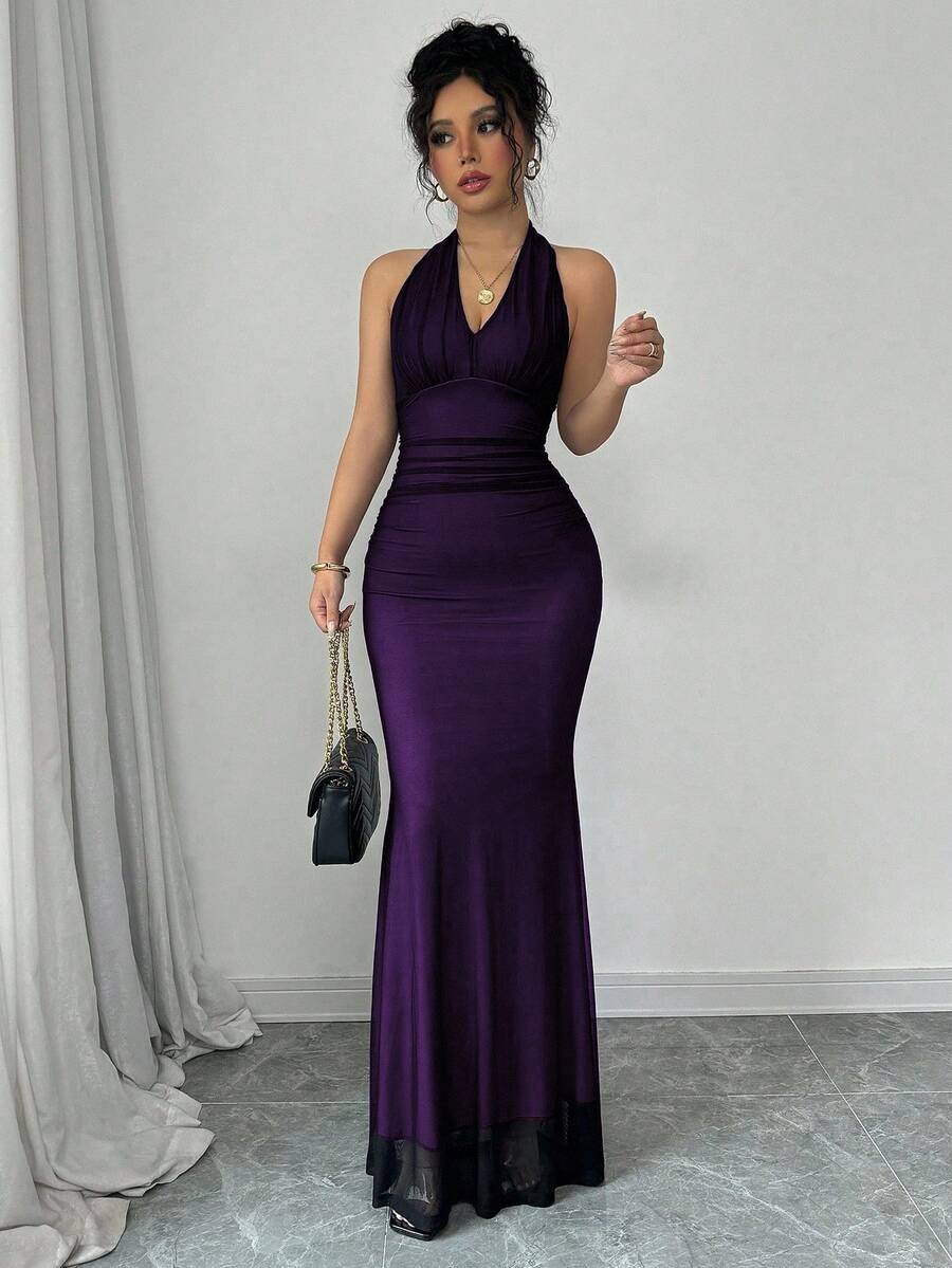 Rafferiza Elegant Bodycon Fishtail Hem V-Neck Waist Pleated Knit Mesh With Rose Red Lining Long Dress For Women, Autumn/Winter Fall Cloth For Women