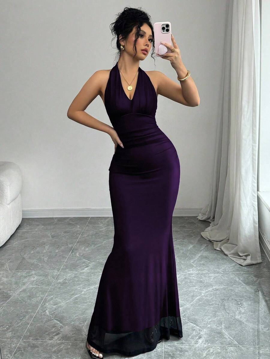 Rafferiza Elegant Bodycon Fishtail Hem V-Neck Waist Pleated Knit Mesh With Rose Red Lining Long Dress For Women, Autumn/Winter Fall Cloth For Women