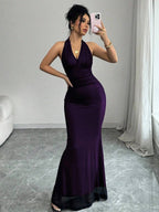 Rafferiza Elegant Bodycon Fishtail Hem V-Neck Waist Pleated Knit Mesh With Rose Red Lining Long Dress For Women, Autumn/Winter Fall Cloth For Women