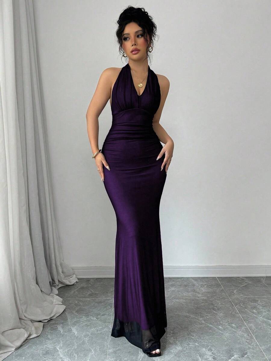 Rafferiza Elegant Bodycon Fishtail Hem V-Neck Waist Pleated Knit Mesh With Rose Red Lining Long Dress For Women, Autumn/Winter Fall Cloth For Women