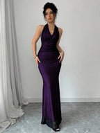Rafferiza Elegant Bodycon Fishtail Hem V-Neck Waist Pleated Knit Mesh With Rose Red Lining Long Dress For Women, Autumn/Winter Fall Cloth For Women