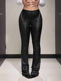 Jeanoix PU Leather Hollow-Out Lace-Up Black Flare Pants, For Women
