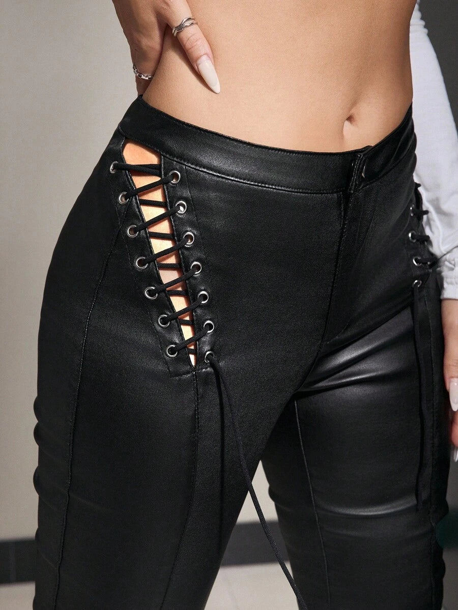 Jeanoix PU Leather Hollow-Out Lace-Up Black Flare Pants, For Women