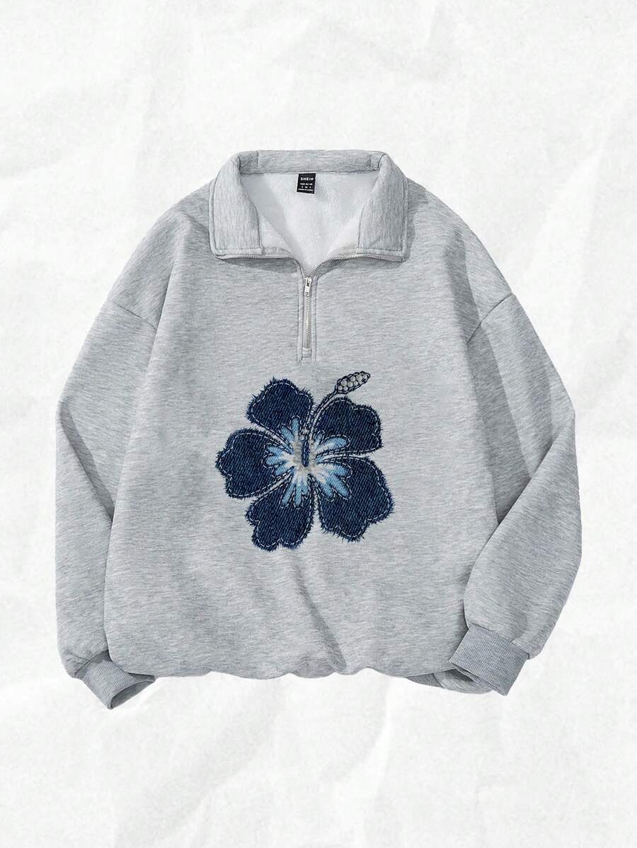 Attitoon Women's Loose Half-Zip Hibiscus Flower Print Chic Turtleneck Fleece Sweatshirt, Suitable For Autumn/Winter, Street, Outgoing, And Airport Wear,Fall