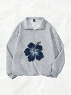 Attitoon Women's Loose Half-Zip Hibiscus Flower Print Chic Turtleneck Fleece Sweatshirt, Suitable For Autumn/Winter, Street, Outgoing, And Airport Wear,Fall
