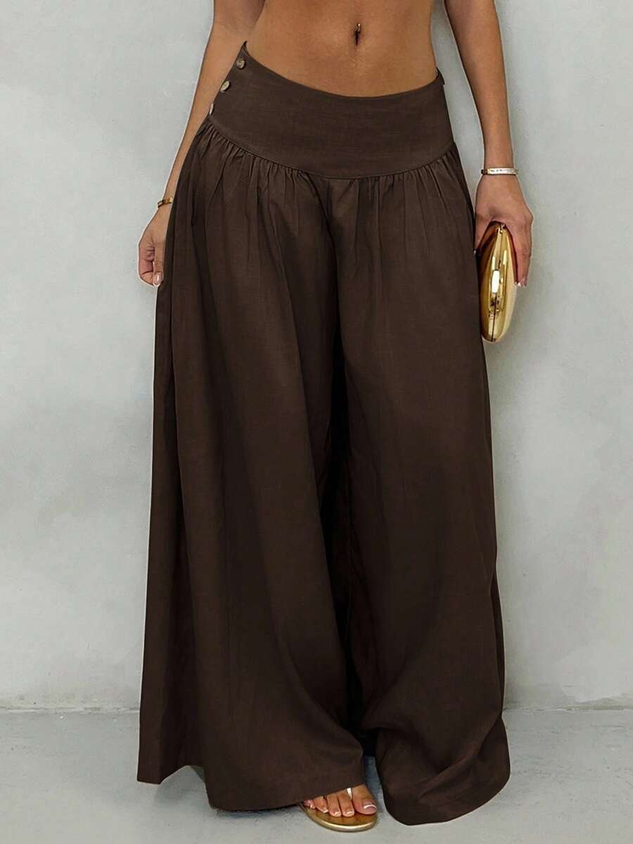 Glamine Vintage Low-Waist Wide Leg Pants, Draped Casual Women's Trousers Brown Pants Brown Wide Leg Pants Wide Pants Skirt Pants