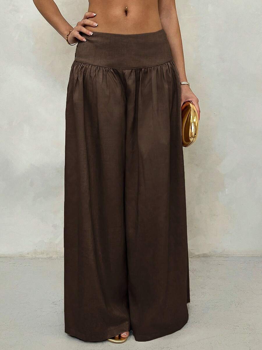 Glamine Vintage Low-Waist Wide Leg Pants, Draped Casual Women's Trousers Brown Pants Brown Wide Leg Pants Wide Pants Skirt Pants