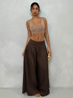 Glamine Vintage Low-Waist Wide Leg Pants, Draped Casual Women's Trousers Brown Pants Brown Wide Leg Pants Wide Pants Skirt Pants