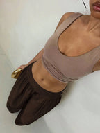 Glamine Vintage Low-Waist Wide Leg Pants, Draped Casual Women's Trousers Brown Pants Brown Wide Leg Pants Wide Pants Skirt Pants