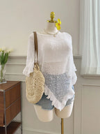 Comfortcana Plus Size Women Casual Ruffled Hem Semi-Sheer Crochet Poncho Sweater, Suitable For Summer Outings And Dates
