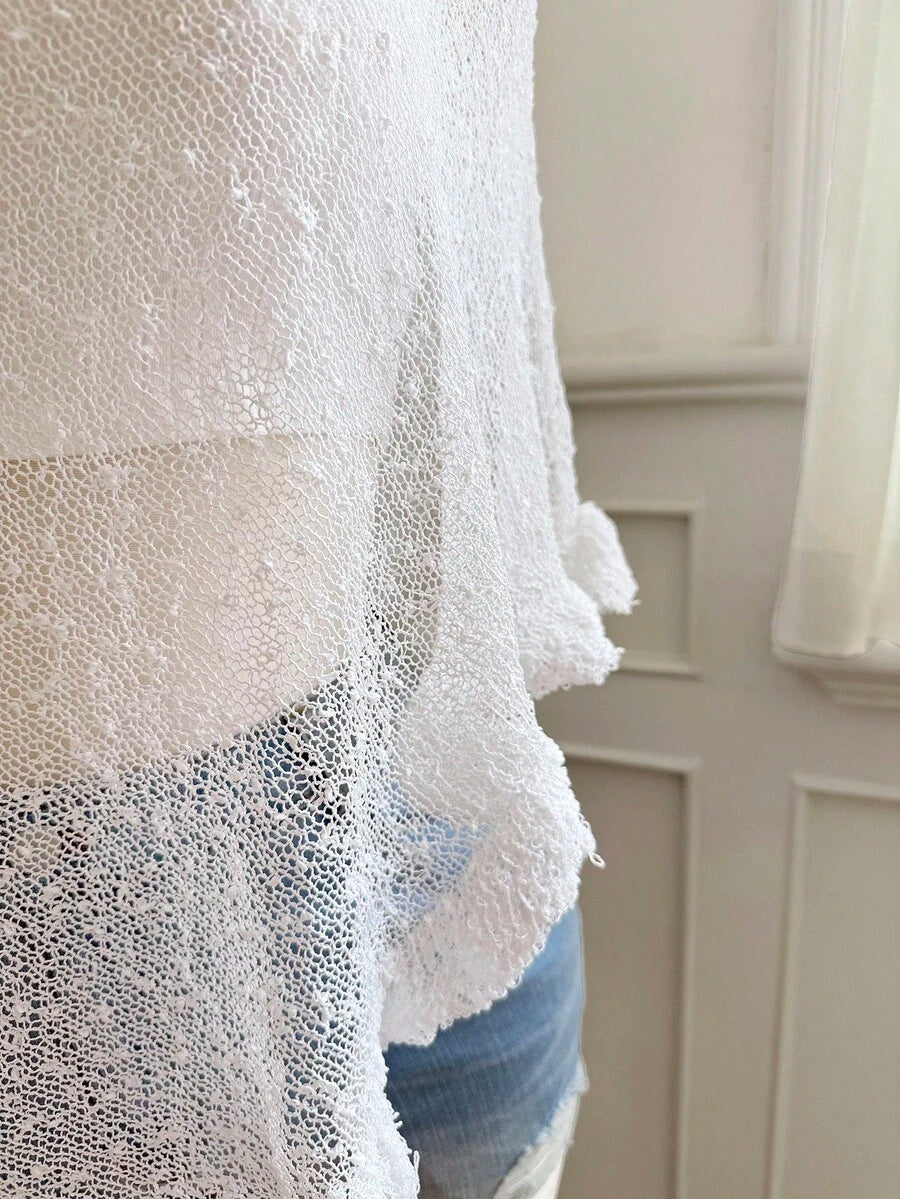 Comfortcana Plus Size Women Casual Ruffled Hem Semi-Sheer Crochet Poncho Sweater, Suitable For Summer Outings And Dates