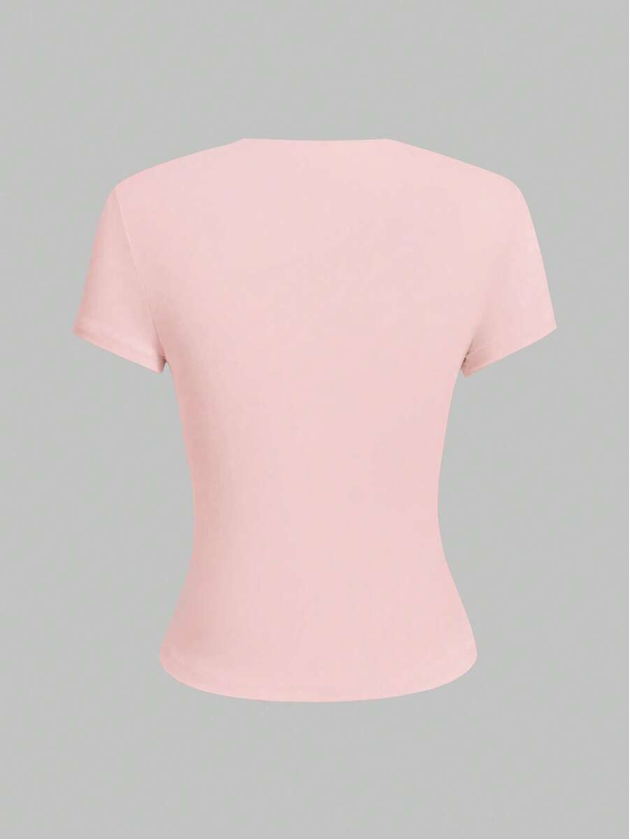 XLLAIS 2025 Model Black Short Sleeve Crew Neck Solid Color Basic Fitted Casual T-Shirt For Women, Summer