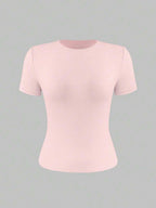 XLLAIS 2025 Model Black Short Sleeve Crew Neck Solid Color Basic Fitted Casual T-Shirt For Women, Summer