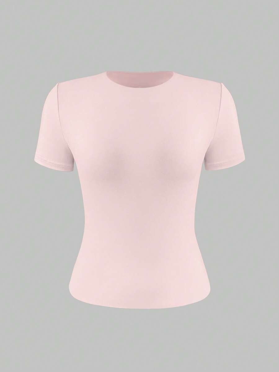 XLLAIS 2025 Model Black Short Sleeve Crew Neck Solid Color Basic Fitted Casual T-Shirt For Women, Summer