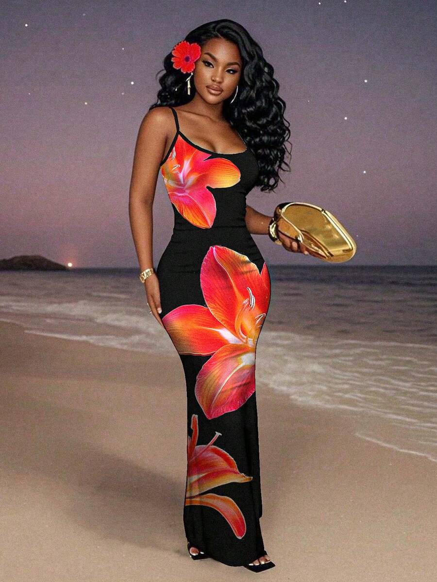Slaydiva Casual Floral Print Camisole Bodycon Long Dress For Women, Summer Yellow Floral Bodycon Dress Yellow Summer Dress Bodycon Dress Women Yellow Dress Floral Print Bodycon Dress Suitable For Going Out Chic Dress
