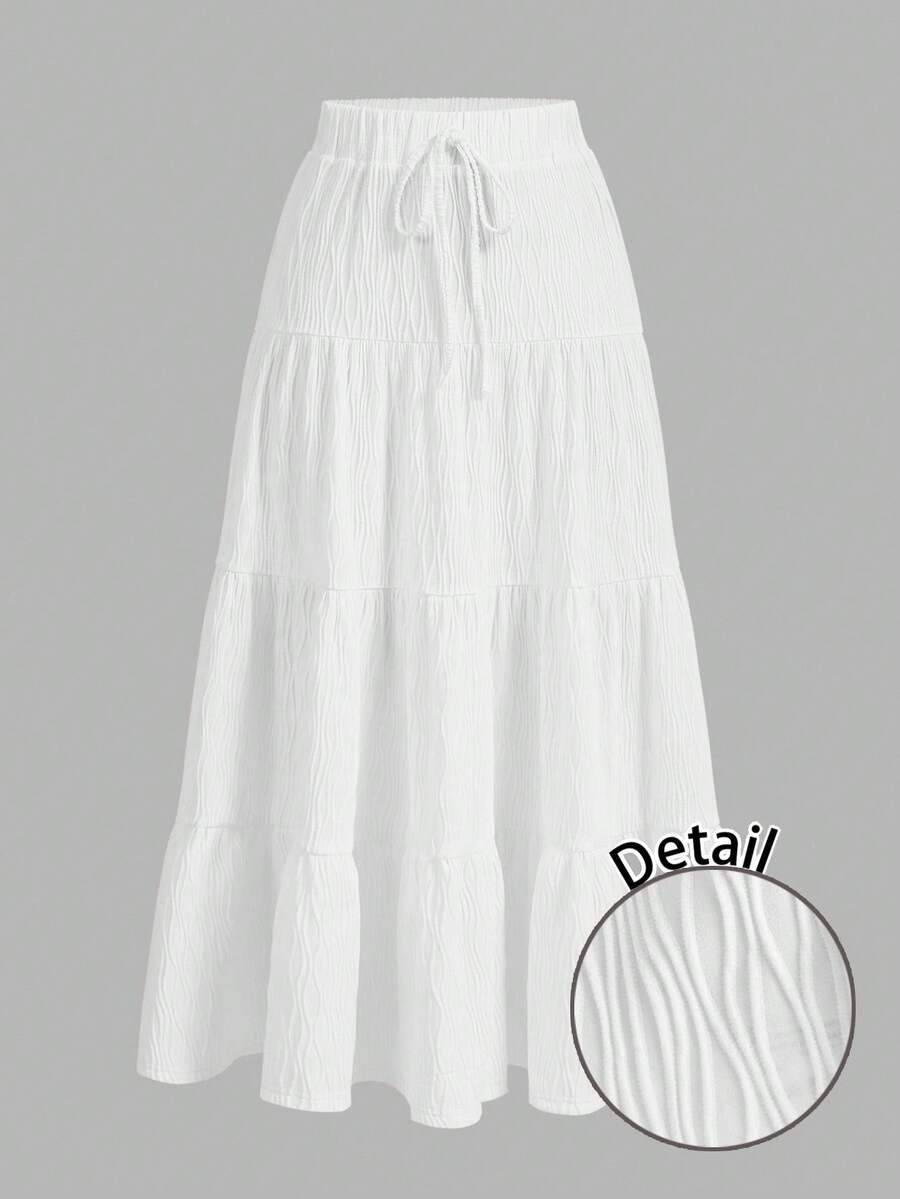 MainGRL Women Solid Color High Waist Tie Ruffled Hem Maxi Skirt