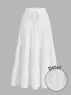 MainGRL Women Solid Color High Waist Tie Ruffled Hem Maxi Skirt