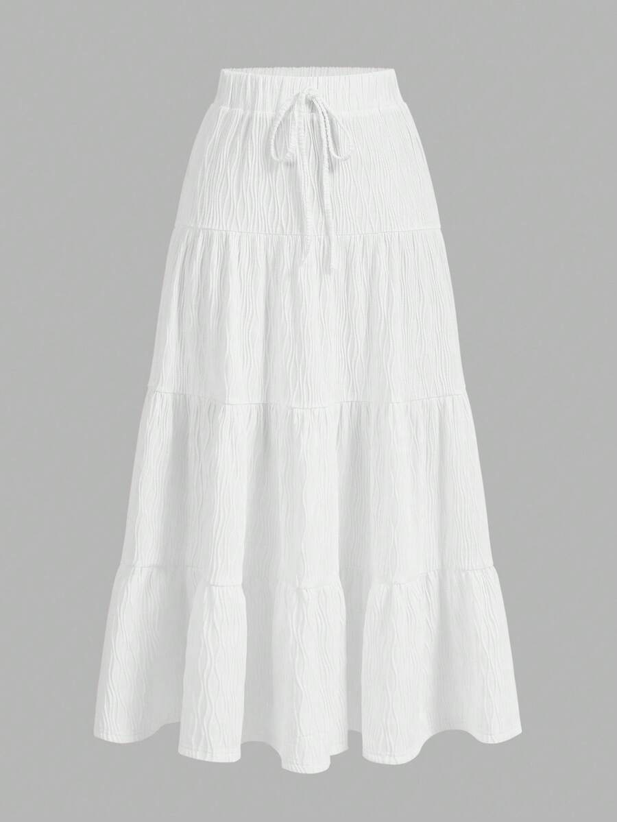 MainGRL Women Solid Color High Waist Tie Ruffled Hem Maxi Skirt