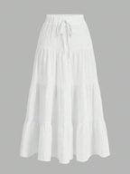 MainGRL Women Solid Color High Waist Tie Ruffled Hem Maxi Skirt
