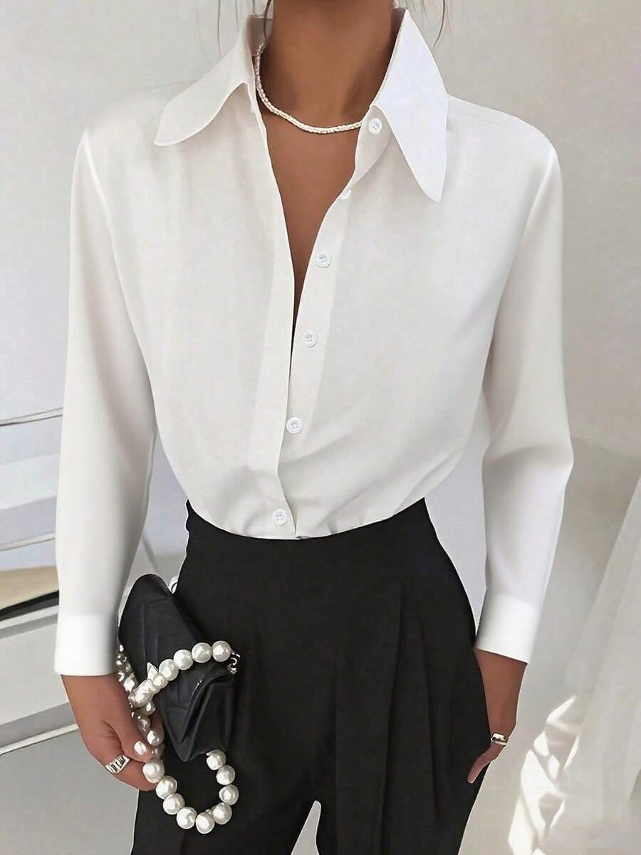 Classic Women's Black Button Detail Long Sleeve Regular Collar Shirt