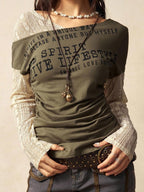 Bohemela Boho Contrast Lace Knit Casual Blouse For Women, Suitable For Autumn, Valentine's Day, New Year, Music Festival
