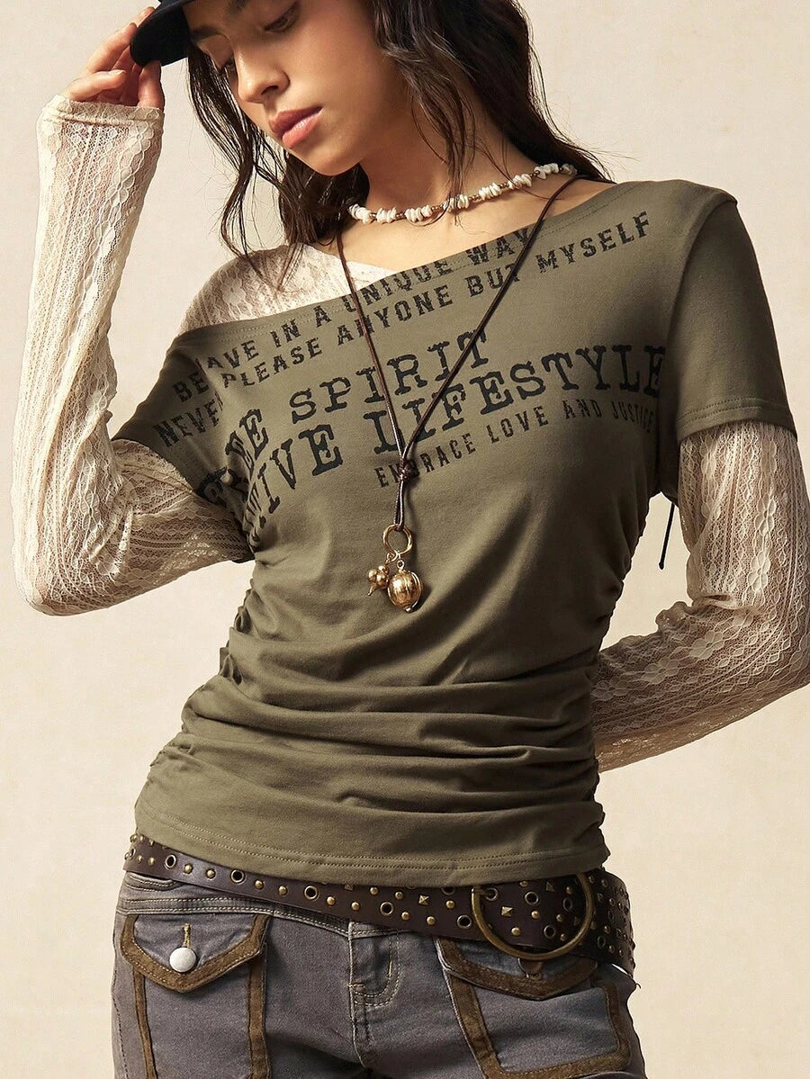 Bohemela Boho Contrast Lace Knit Casual Blouse For Women, Suitable For Autumn, Valentine's Day, New Year, Music Festival