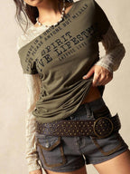Bohemela Boho Contrast Lace Knit Casual Blouse For Women, Suitable For Autumn, Valentine's Day, New Year, Music Festival