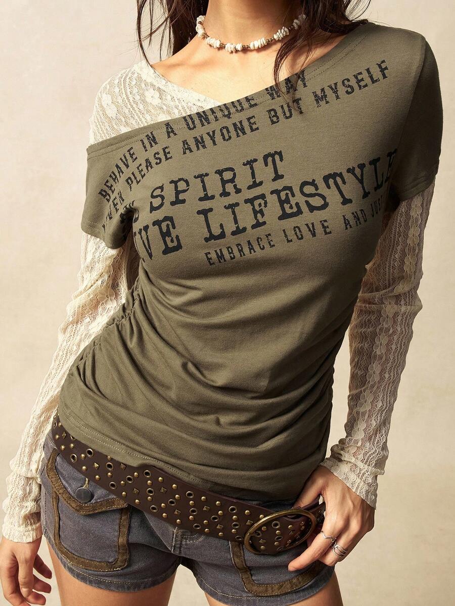 Bohemela Boho Contrast Lace Knit Casual Blouse For Women, Suitable For Autumn, Valentine's Day, New Year, Music Festival