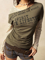 Bohemela Boho Contrast Lace Knit Casual Blouse For Women, Suitable For Autumn, Valentine's Day, New Year, Music Festival