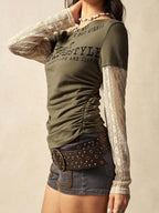 Bohemela Boho Contrast Lace Knit Casual Blouse For Women, Suitable For Autumn, Valentine's Day, New Year, Music Festival