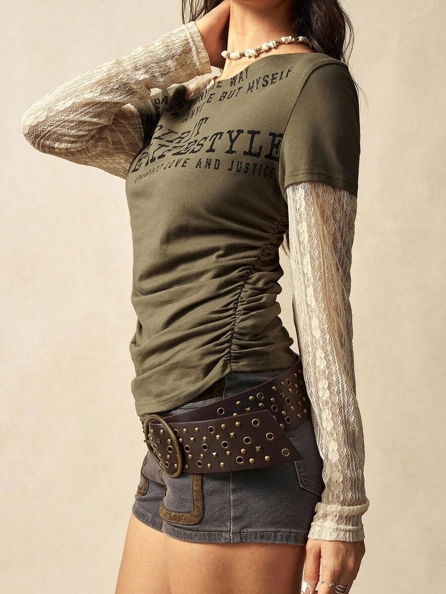 Bohemela Boho Contrast Lace Knit Casual Blouse For Women, Suitable For Autumn, Valentine's Day, New Year, Music Festival