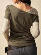 Bohemela Boho Contrast Lace Knit Casual Blouse For Women, Suitable For Autumn, Valentine's Day, New Year, Music Festival