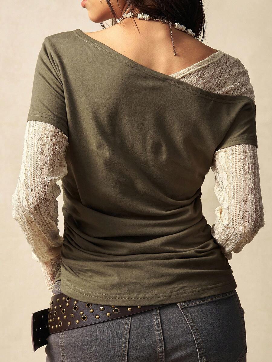 Bohemela Boho Contrast Lace Knit Casual Blouse For Women, Suitable For Autumn, Valentine's Day, New Year, Music Festival