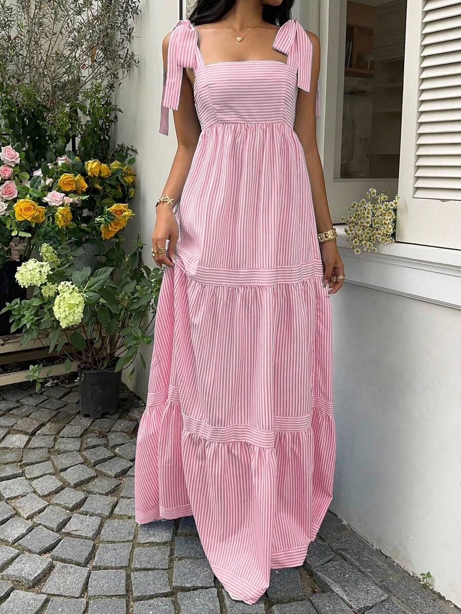 SHEIN Unity Blue Striped Square Neck High Waist Sleeveless Backless Spaghetti Strap Drawstring Maxi Dress, Sexy & Vacation Style, Spring/Summer
