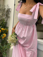 SHEIN Unity Blue Striped Square Neck High Waist Sleeveless Backless Spaghetti Strap Drawstring Maxi Dress, Sexy & Vacation Style, Spring/Summer