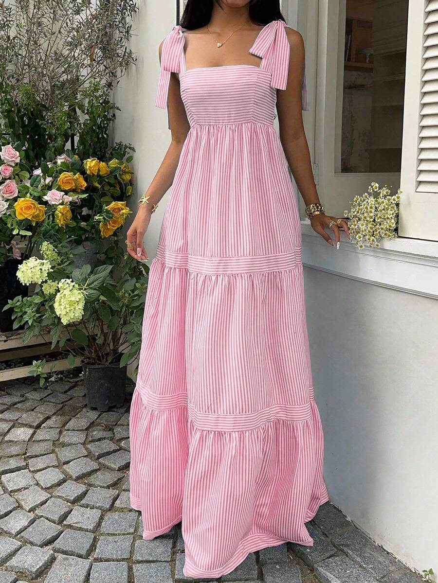 SHEIN Unity Blue Striped Square Neck High Waist Sleeveless Backless Spaghetti Strap Drawstring Maxi Dress, Sexy & Vacation Style, Spring/Summer