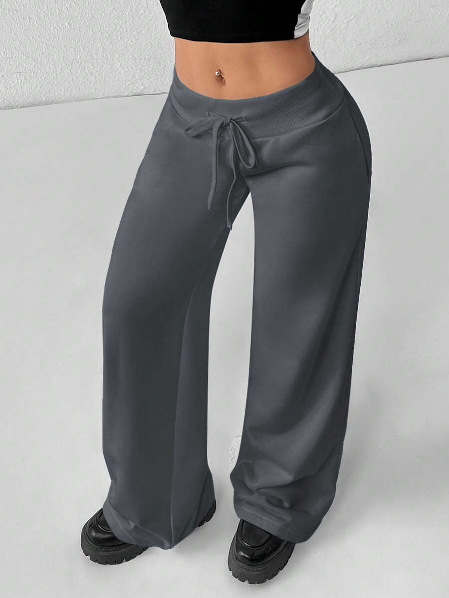 SHEIN PETITE Comfortable And Casual Plain Knitted Low-Rise Wide-Leg Women's Sweatpants Baggy
