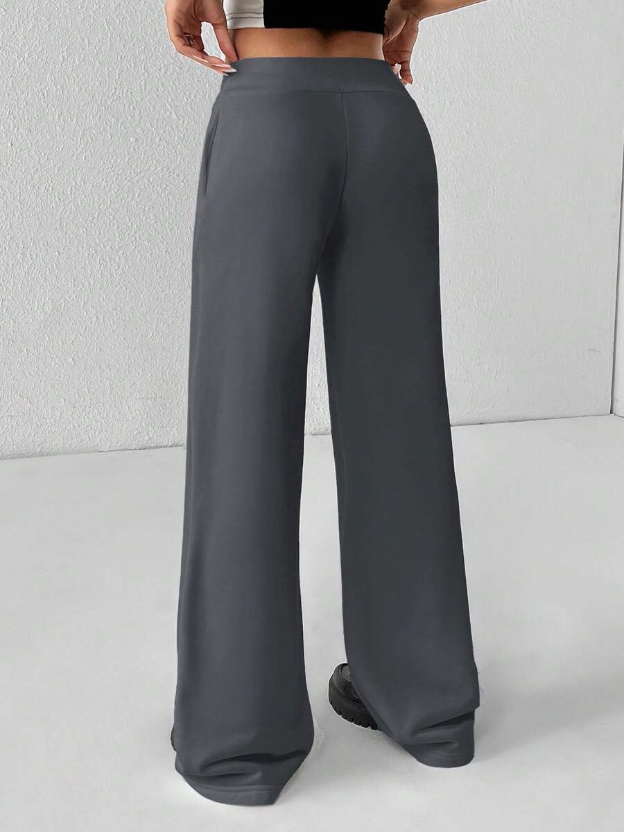 SHEIN PETITE Comfortable And Casual Plain Knitted Low-Rise Wide-Leg Women's Sweatpants Baggy