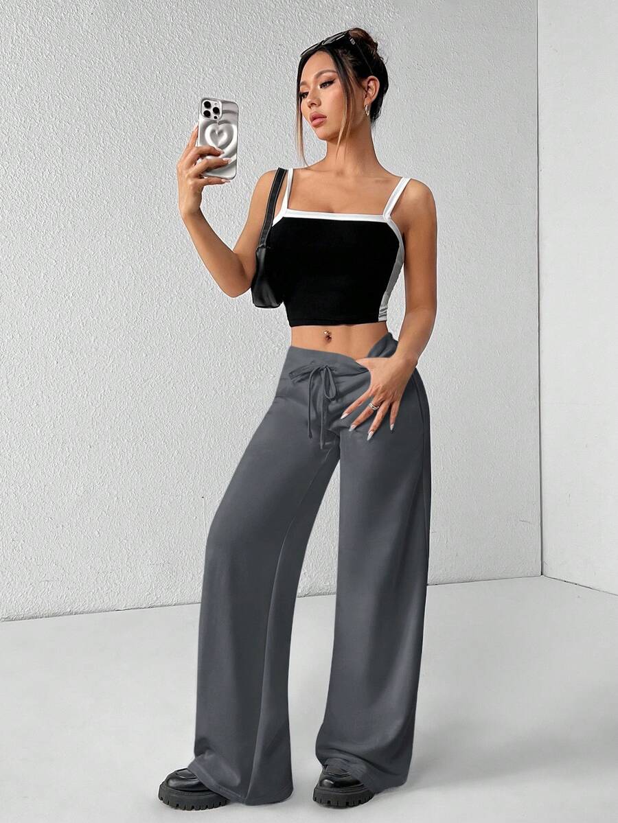 SHEIN PETITE Comfortable And Casual Plain Knitted Low-Rise Wide-Leg Women's Sweatpants Baggy