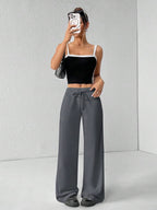 SHEIN PETITE Comfortable And Casual Plain Knitted Low-Rise Wide-Leg Women's Sweatpants Baggy