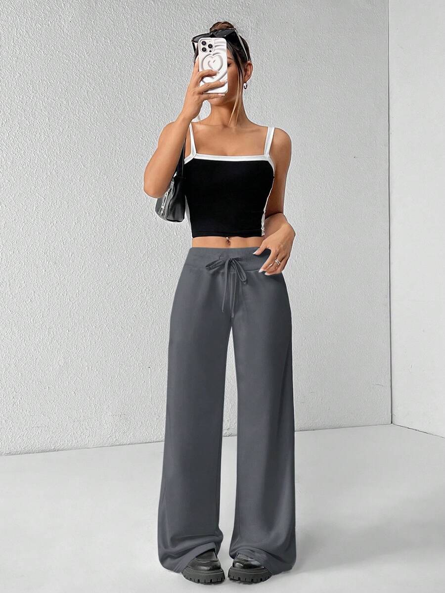 SHEIN PETITE Comfortable And Casual Plain Knitted Low-Rise Wide-Leg Women's Sweatpants Baggy