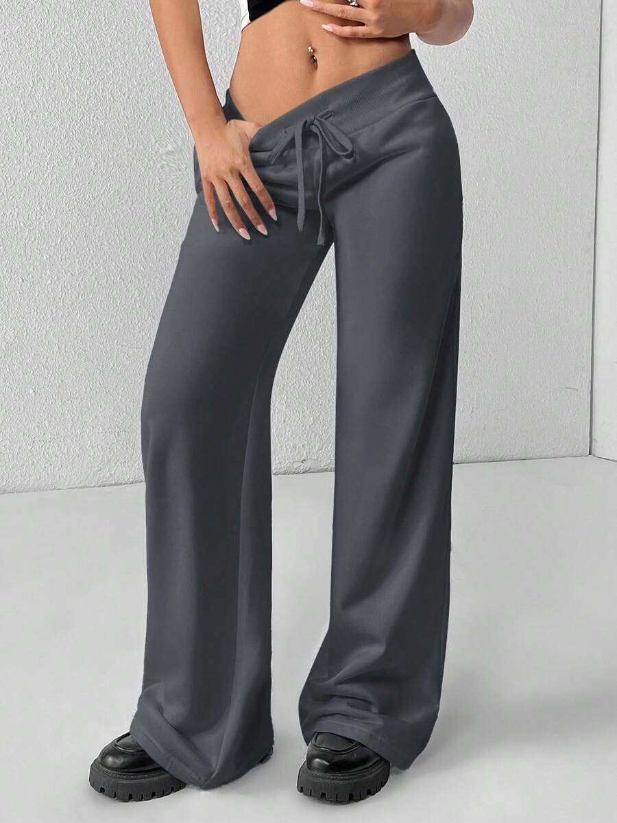 SHEIN PETITE Comfortable And Casual Plain Knitted Low-Rise Wide-Leg Women's Sweatpants Baggy